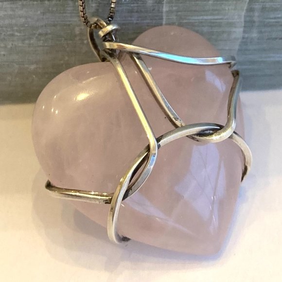 Pink Rose Quartz & Silver Heart Pendant Necklace - Picture 1 of 10